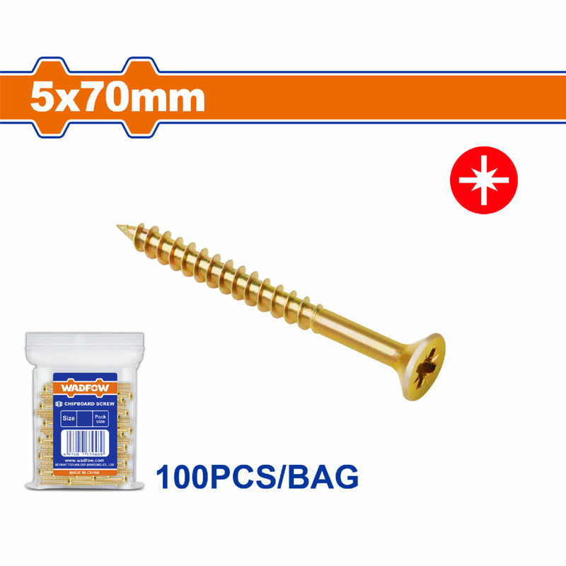 Tornillos para aglomerado 5x70mm. Pozidrive. Cabeza avellanada. Amarillo. Paq. de 100 piezas.