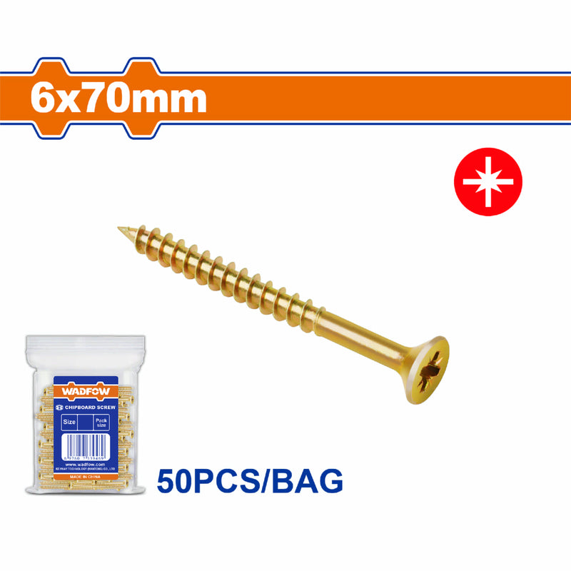Tornillos para aglomerado 6x70mm. Pozidrive. Cabeza avellanada. Amarillo. Paq. de 50 piezas.