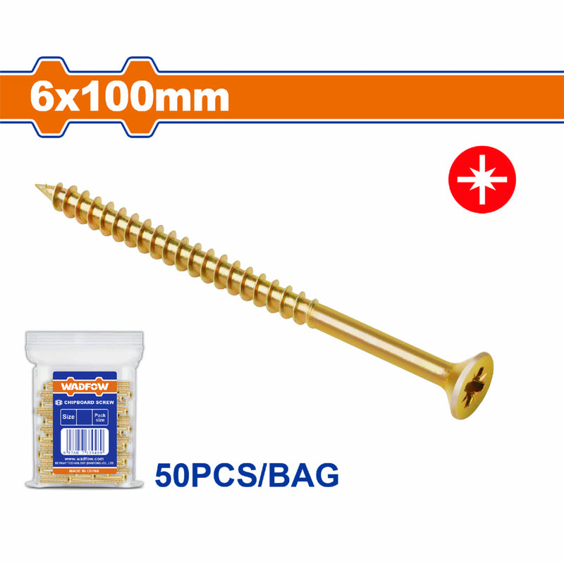 Tornillos para aglomerado 6x100mm. Pozidrive. Cabeza avellanada. Amarillo. Paq. de 50 piezas.