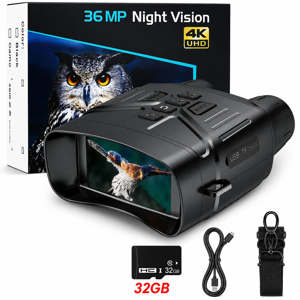 Binoculares De Visión Nocturna 4K Con Pantalla Grande De 3’’. Captura Fotos Y Videos. Incluye Memoria SD De 32GB