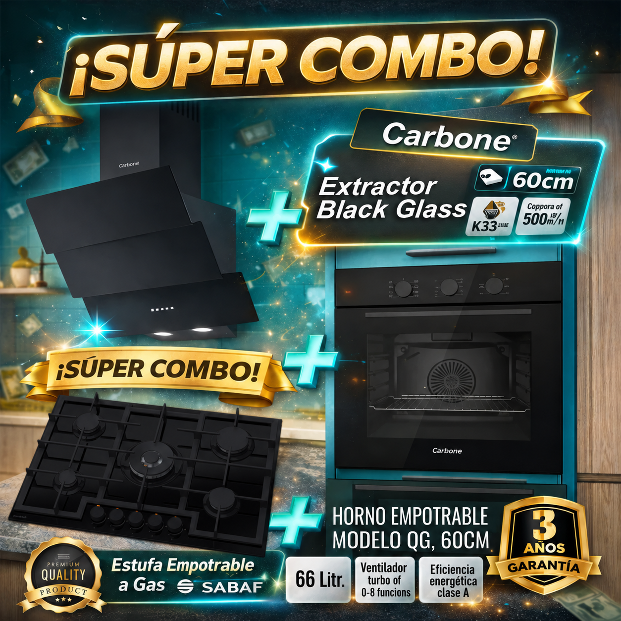 Combo Empotrables Cocina Carbone Campana 60cm + Estufa 76cm + Horno a Gas 60 cm ( Solo online ) (No aplica tienda Fisica) Envio gratis a todo el pais