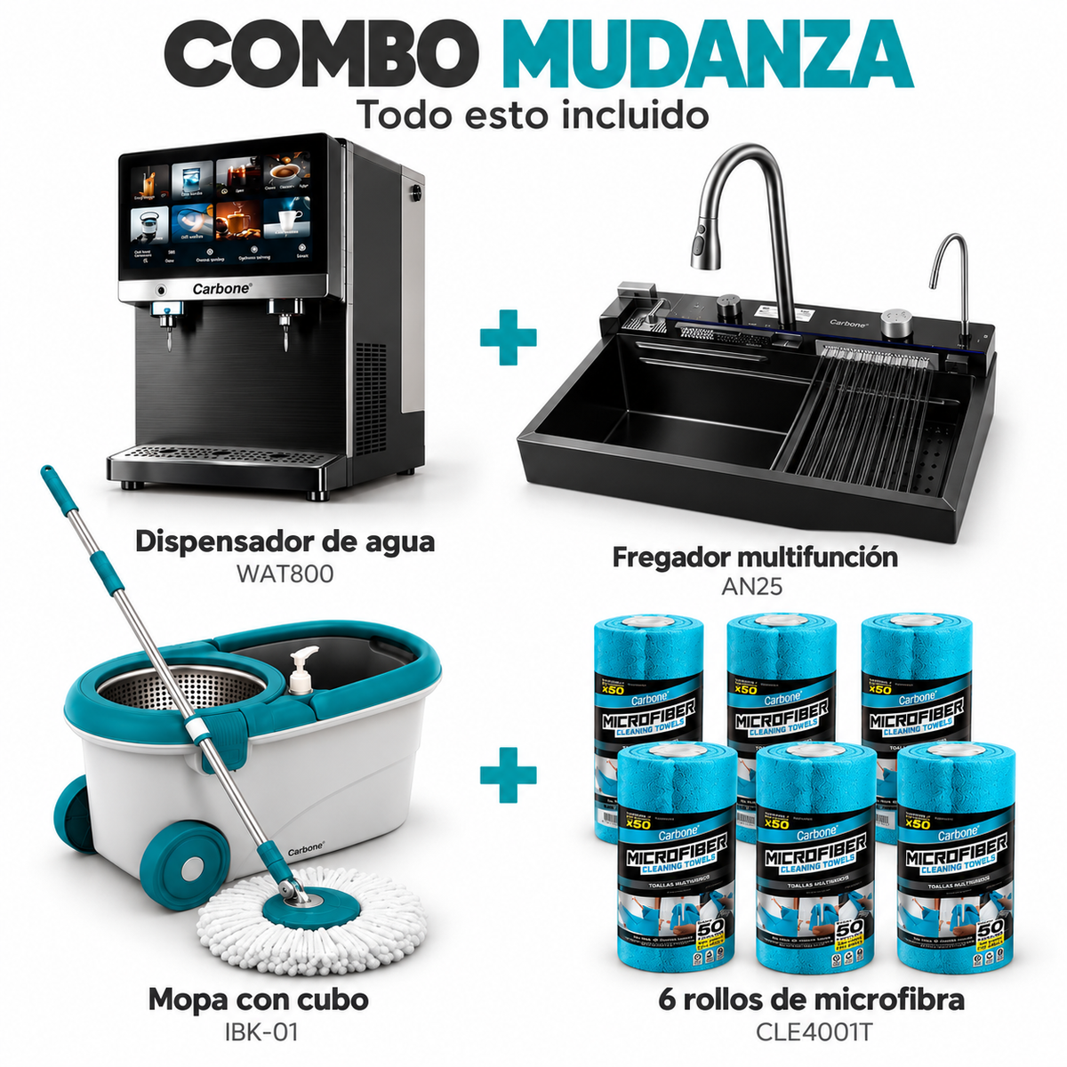 Combo Carbone Dispensador de Agua Ósmosis Inversa + Fregador Multifunción + Spin Mop + 6 Paños Microfibra (SOLO VENTA ONLINE) Envío gratis a todo el país