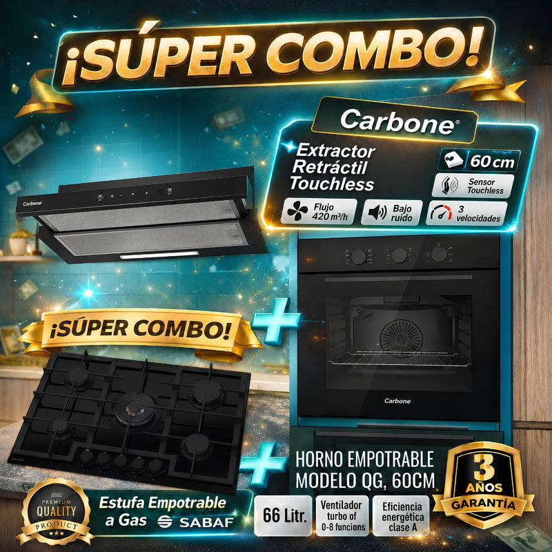 Combo Empotrables Cocina Carbone Campana Extractora Retráctil 60cm + Estufa 76cm + Horno a Gas 60cm (Solo online) (No aplica tienda Física) Envío gratis a todo el país