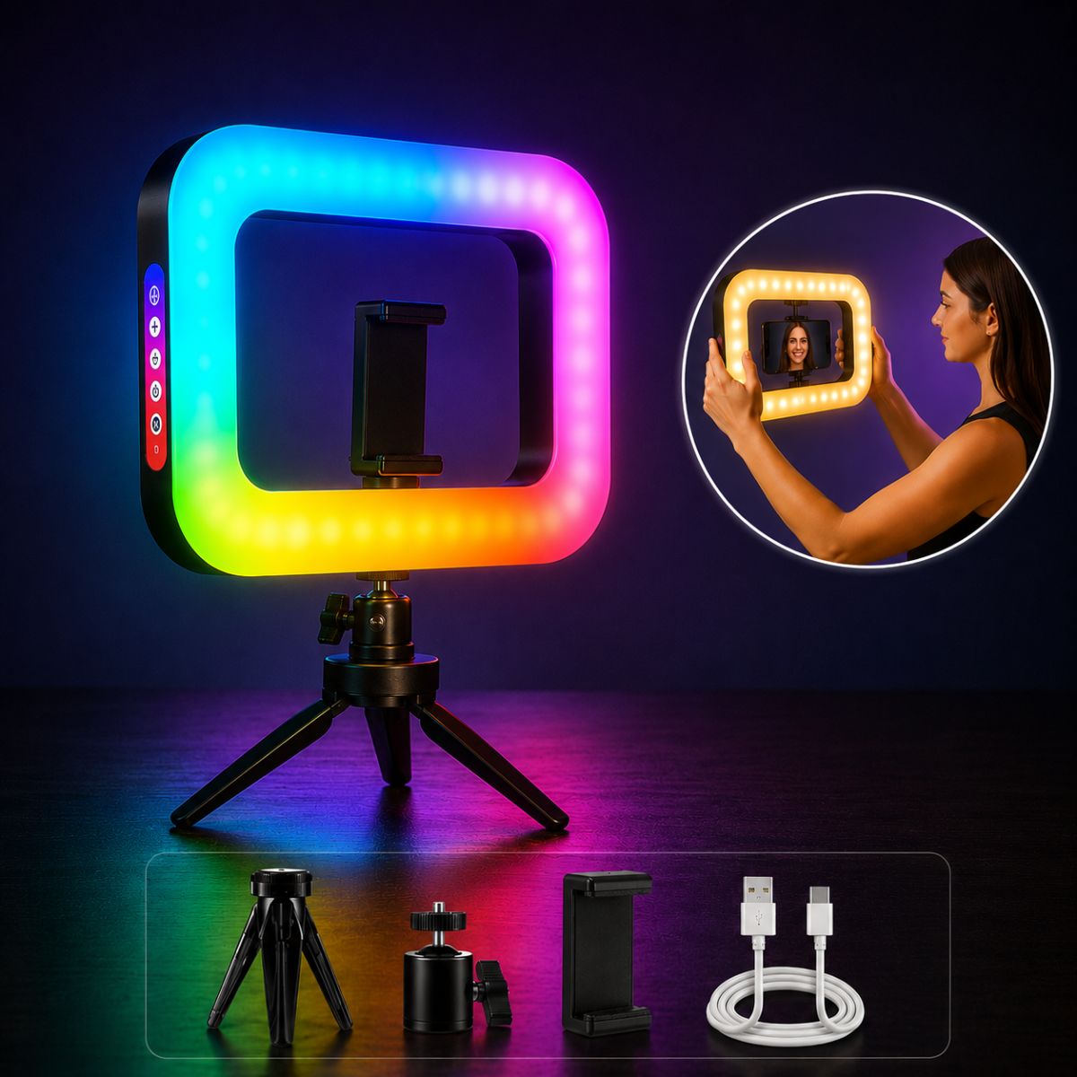Luz De Anillo RGB Portátil 20W Con Trípode Metálico Y Soporte Para Celular. Iluminación Profesional Para Influencers O Streaming
