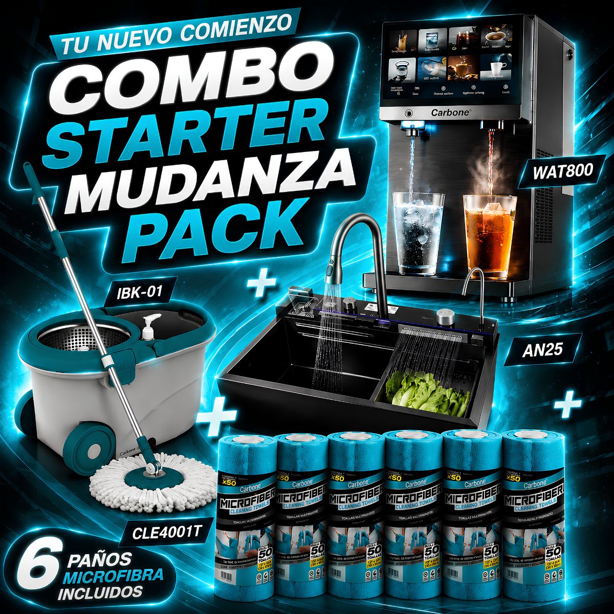 Combo Starter Mudanza Pack Carbone Dispensador de Agua Ósmosis Inversa + Fregador Multifunción + Spin Mop + 6 Paños Microfibra (SOLO VENTA ONLINE) Envío gratis a todo el país