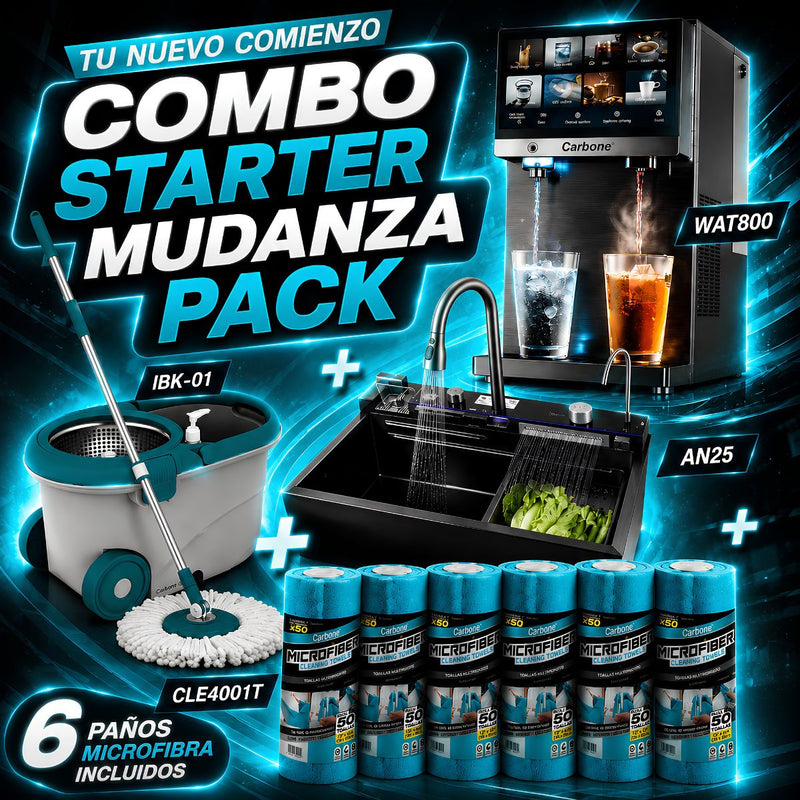 Combo Starter Mudanza Pack Carbone Dispensador de Agua Ósmosis Inversa + Fregador Multifunción + Spin Mop + 6 Paños Microfibra (SOLO VENTA ONLINE) Envío gratis a todo el país