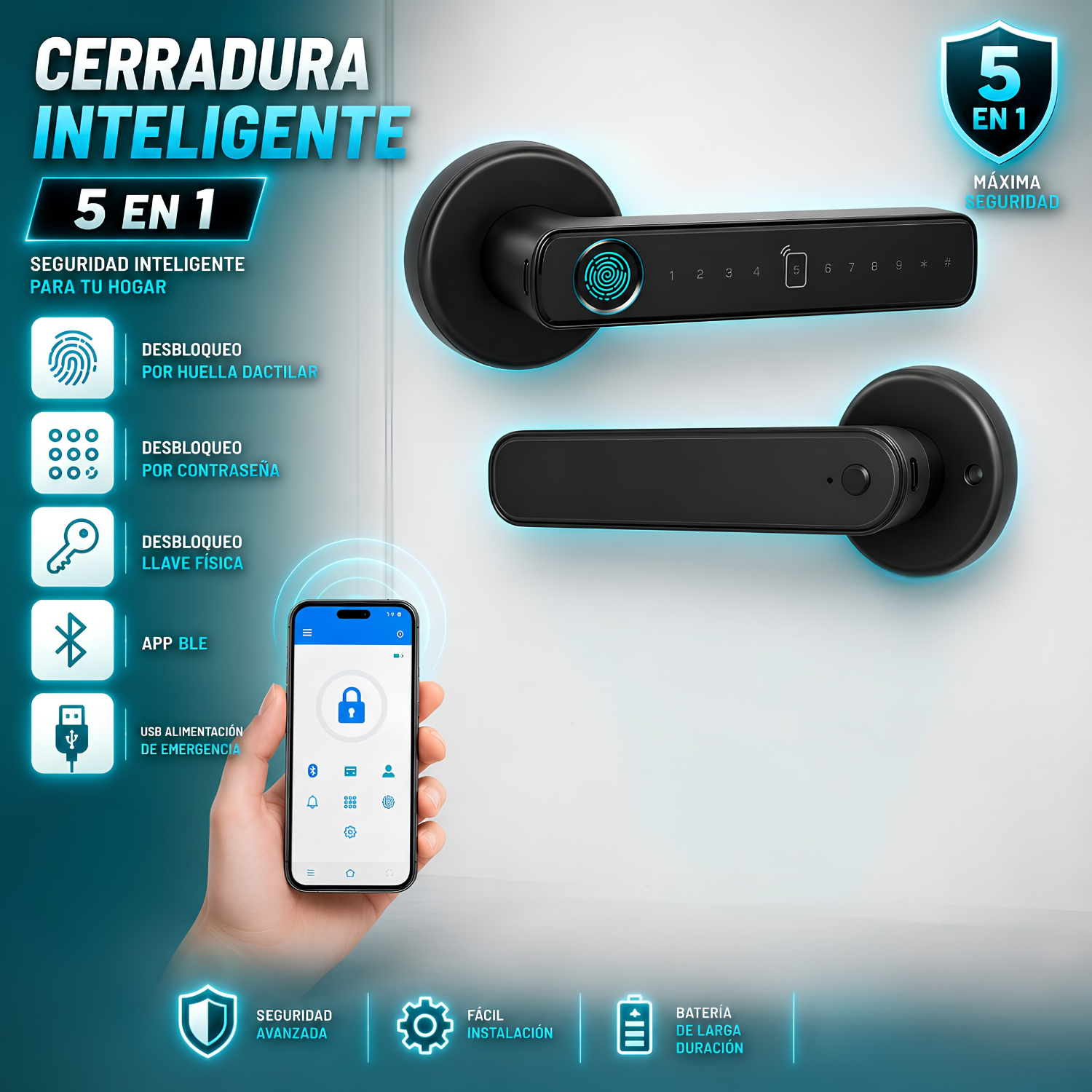 Cerradura Inteligente Manija De Puerta Cerrojo Smart Lock 5 En 1 Llave Huella Tarjeta Contraseña Tuya App Fácil De Instalar