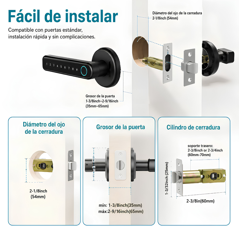 Cerradura Inteligente Manija De Puerta Cerrojo Smart Lock 5 En 1 Llave Huella Tarjeta Contraseña Tuya App Fácil De Instalar