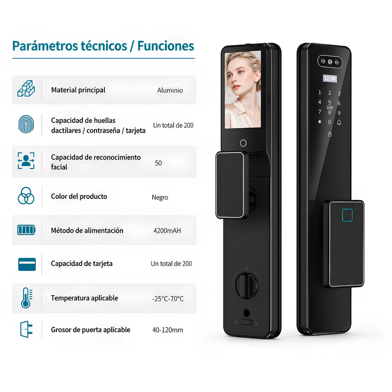 Cerradura De Puerta Inteligente Con Reconocimiento Facial 3D Smart Lock De Seguridad 7 En 1 Video Huella Contraseña App Wifi Fácil De Instalar