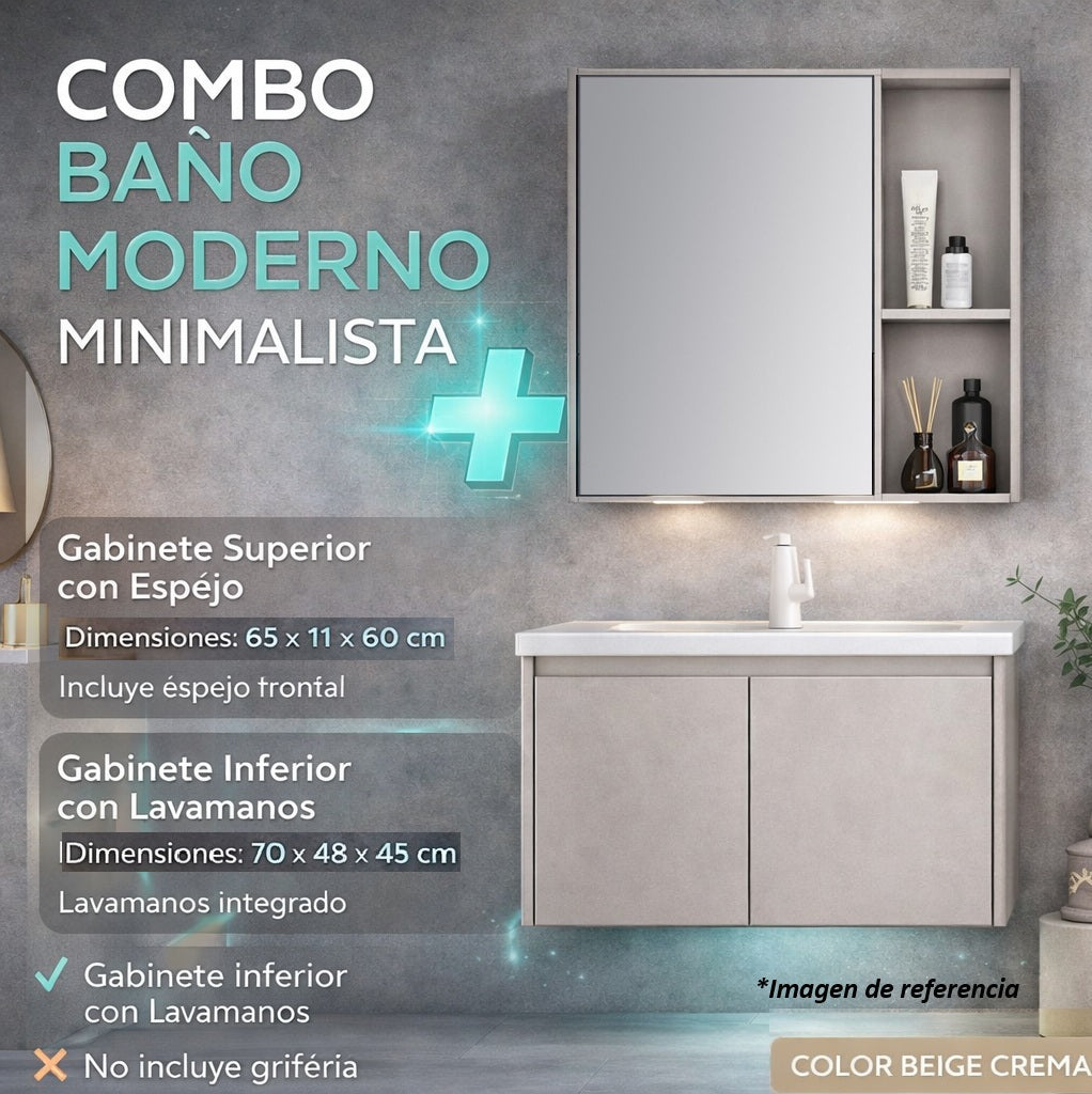 Combo Gabinete de Baño Moderno con Espejo y Lavamanos – Set Completo color Beige Crema