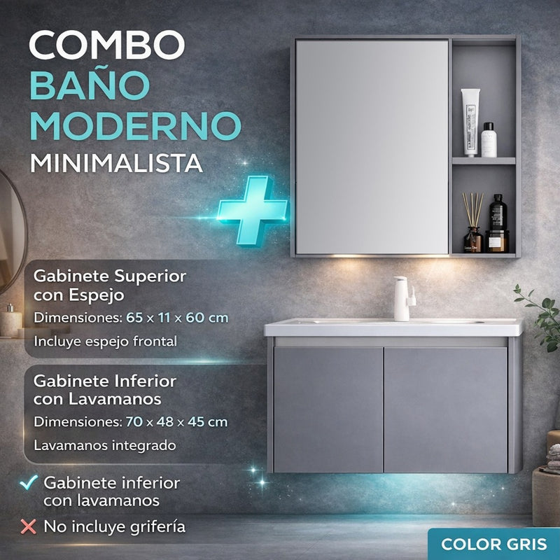 Combo Gabinete de Baño Moderno con Espejo y Lavamanos – Set Completo Gris