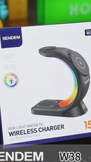 Cargador Inalámbrico 3 En 1 Con Carga Magnética Y Luz RGB. 15W Para Celular, Reloj Y Audífonos. Base De Carga Inalámbrica Compatible Con Apple.
