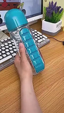 Botella De Agua 600Ml Con Pastillero Semanal Integrado. Organizador De Medicamentos Portátil Con Compartimentos Diarios. Color Azul.