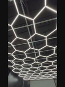 Lampara LED Hexagonal 672W (4854X2435mm) Para Garaje Y Taller. Panel Modular 14 Hexágonos. Borde Azul 110V. Luz De Garaje Y Detailing. Luz De Panal