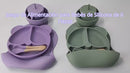 Plato De Silicon Antideslizante Para Bebé Con Babero Recogemigas, Bowl, Vaso Con Tapa Y Cubiertos, Libre De BPA. Vajilla Infantil Para Aprendizaje. Color Verde Menta.