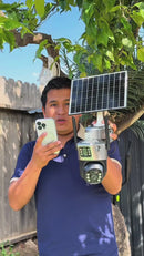 Cámara De Seguridad Solar Wifi Con Doble Lente Y Visión Nocturna 30M. Cámara De Videovigilancia A Prueba De Agua. 12000 Mah