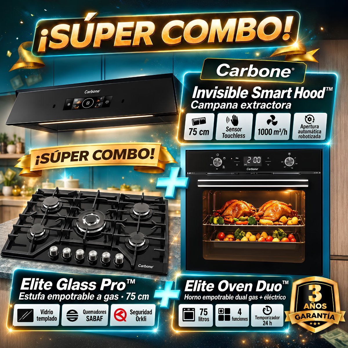 Combo Empotrables Cocina Carbone Campana Extractora SLIM Touchless 75cm + Estufa Elite a Gas 75cm + Horno Elite Duo a Gas y Eléctrico 60cm (Solo online) (No aplica tienda Física)