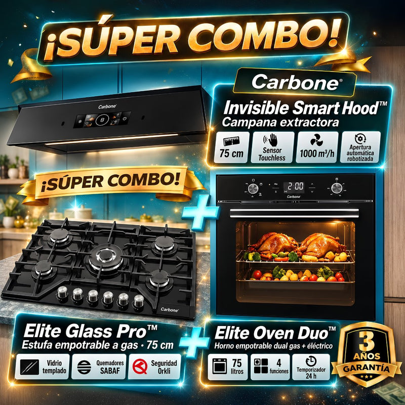 Combo Empotrables Cocina Carbone Campana Extractora SLIM Touchless 75cm + Estufa Elite a Gas 75cm + Horno Elite Duo a Gas y Eléctrico 60cm (Solo online) (No aplica tienda Física)