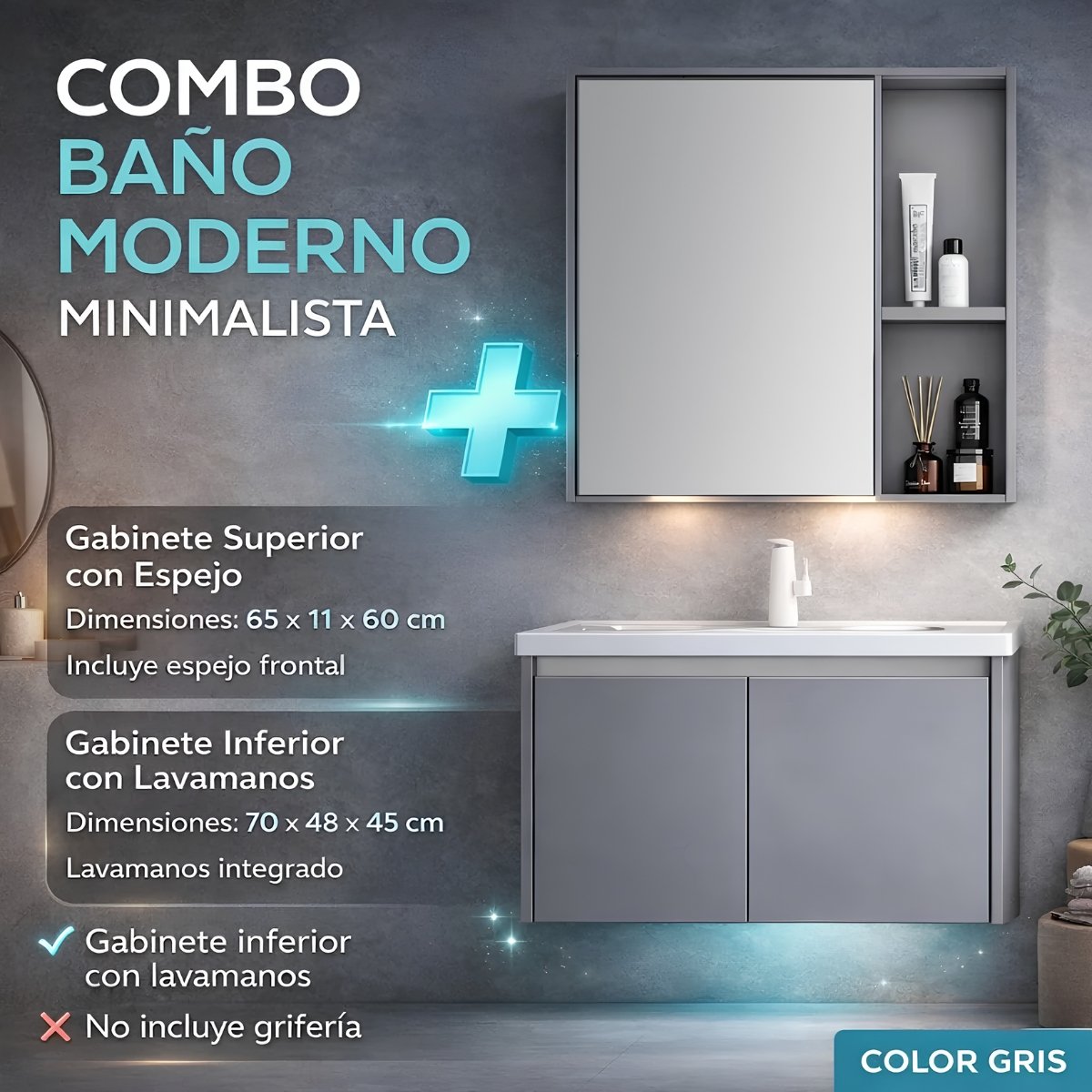 Combo Gabinete con lavamanos y mueble Espejo de Baño Moderno – Set Completo color Gris
