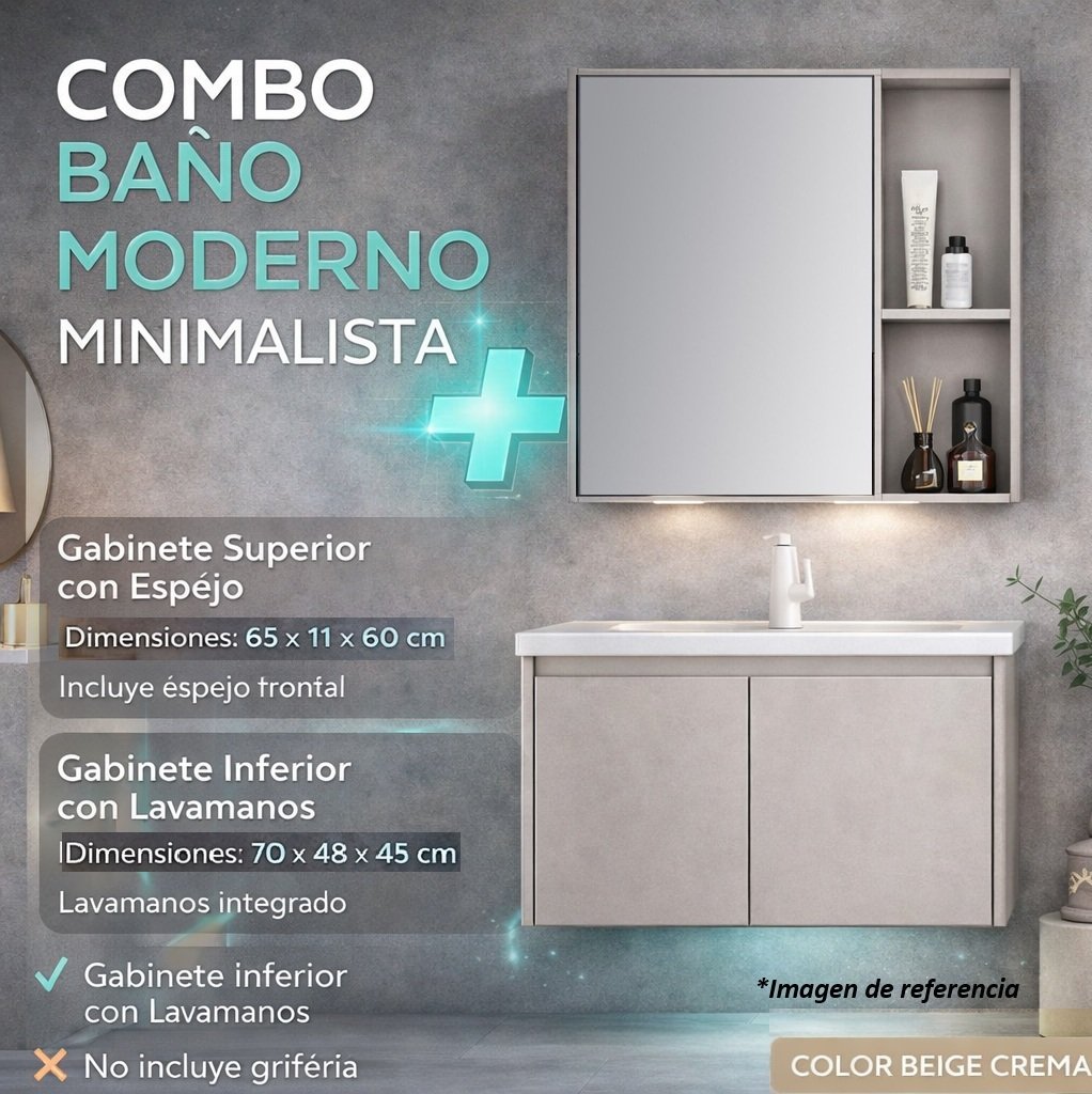 Combo mueble Espejo y Gabinete con lavamanos de Baño Moderno – Set Completo color Beige Crema