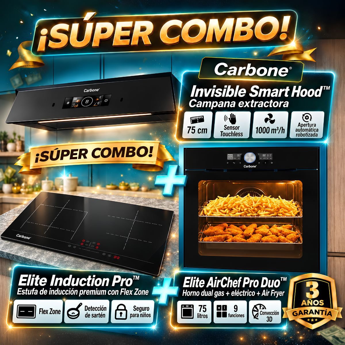 Combo Empotrables Cocina Carbone Campana Extractora SLIM Touchless 75cm + Estufa de Inducción 60cm + Horno con Air Fyer Duo a Gas y Eléctrico 60cm (Solo online) (No aplica tienda Física)