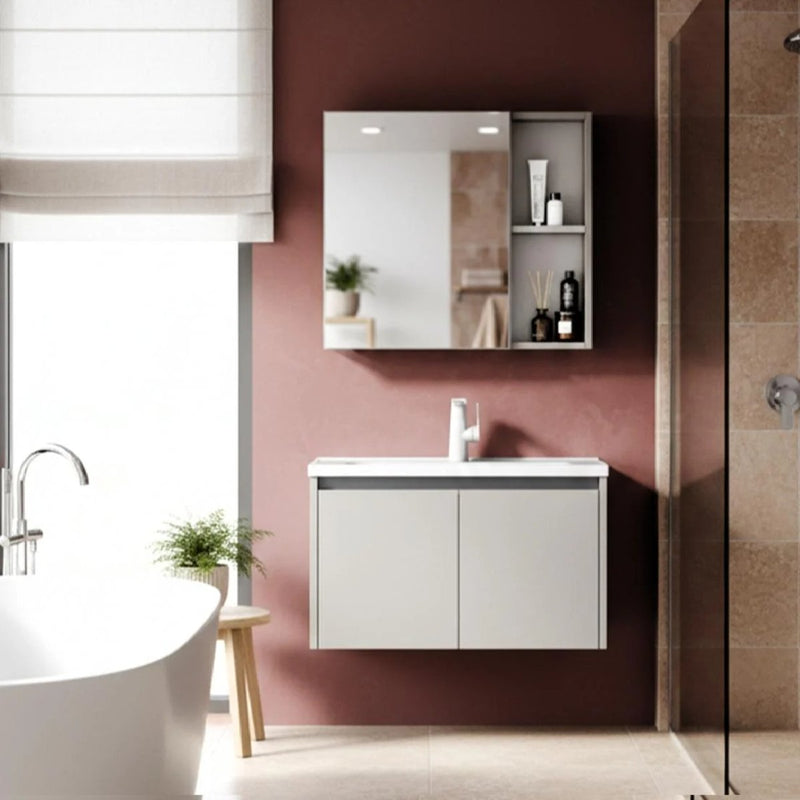 Combo mueble Espejo y Gabinete con lavamanos de Baño Moderno – Set Completo color Beige Crema