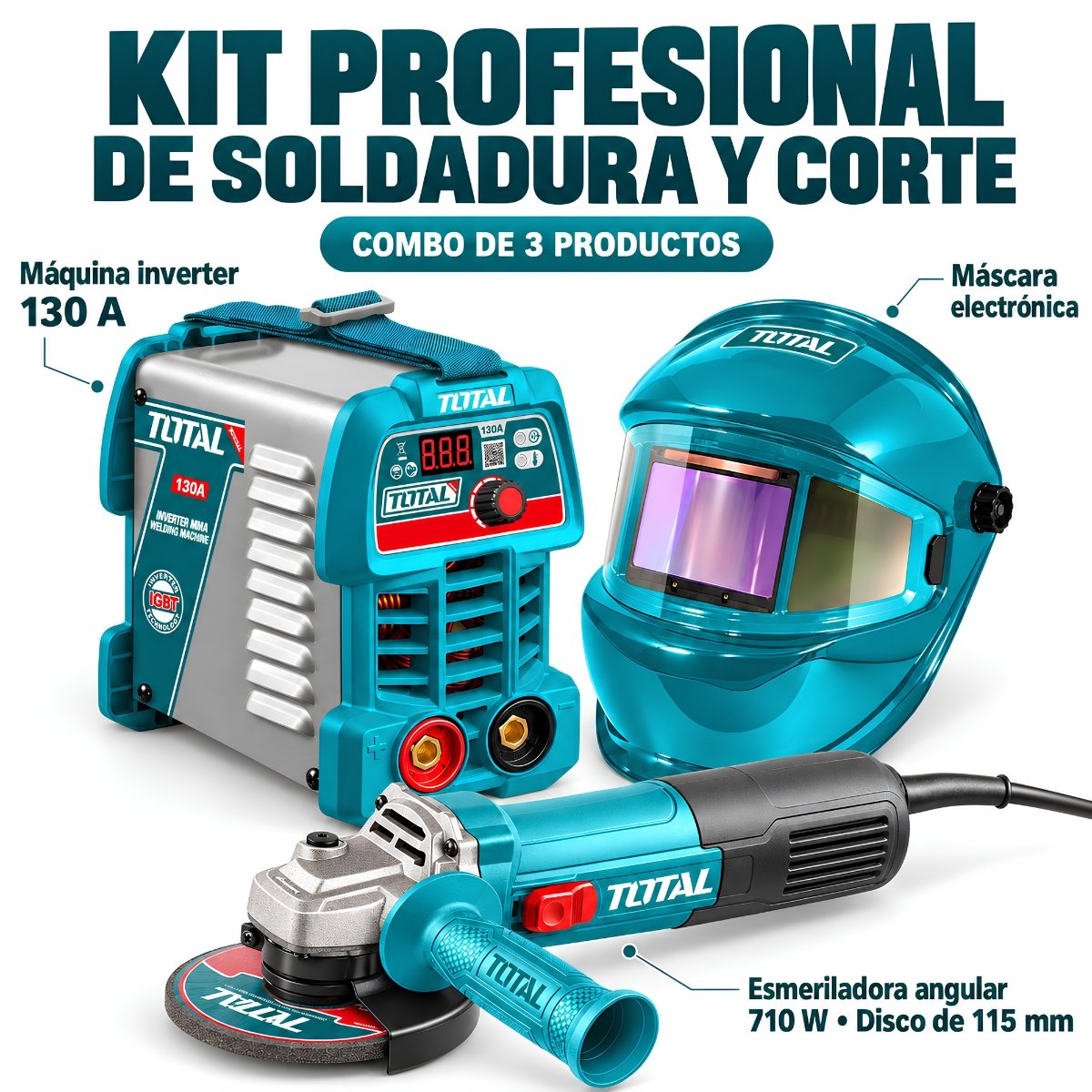 Combo Kit Profesional de Soldadura y Corte – Máquina Inverter + Máscara Electrónica + Esmeriladora Angular (SOLO VENTA ONLINE)