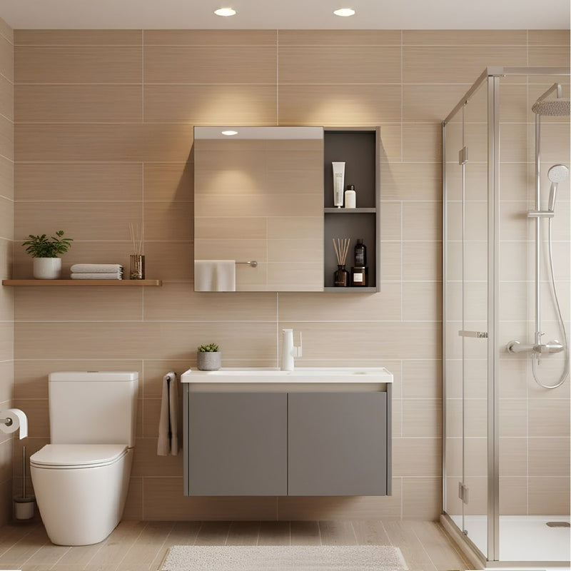 Combo Gabinete con lavamanos y mueble Espejo de Baño Moderno – Set Completo color Gris