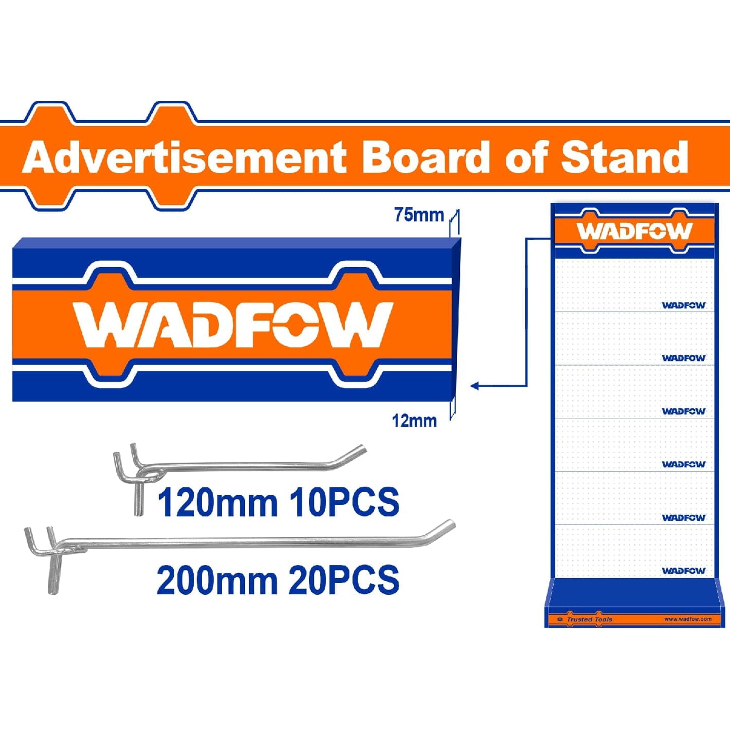 Letrero de Exhibidor Wadfow con Ganchos. Medidas: Letrero 88cm x 31cm. Ganchos 120mm y 200mm.