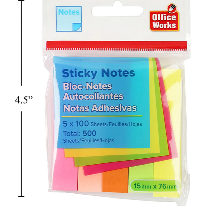 Notas adhesivas de 100 hojas, paquete de 5 de 76 x 15 mm, color neón, por paquete post it