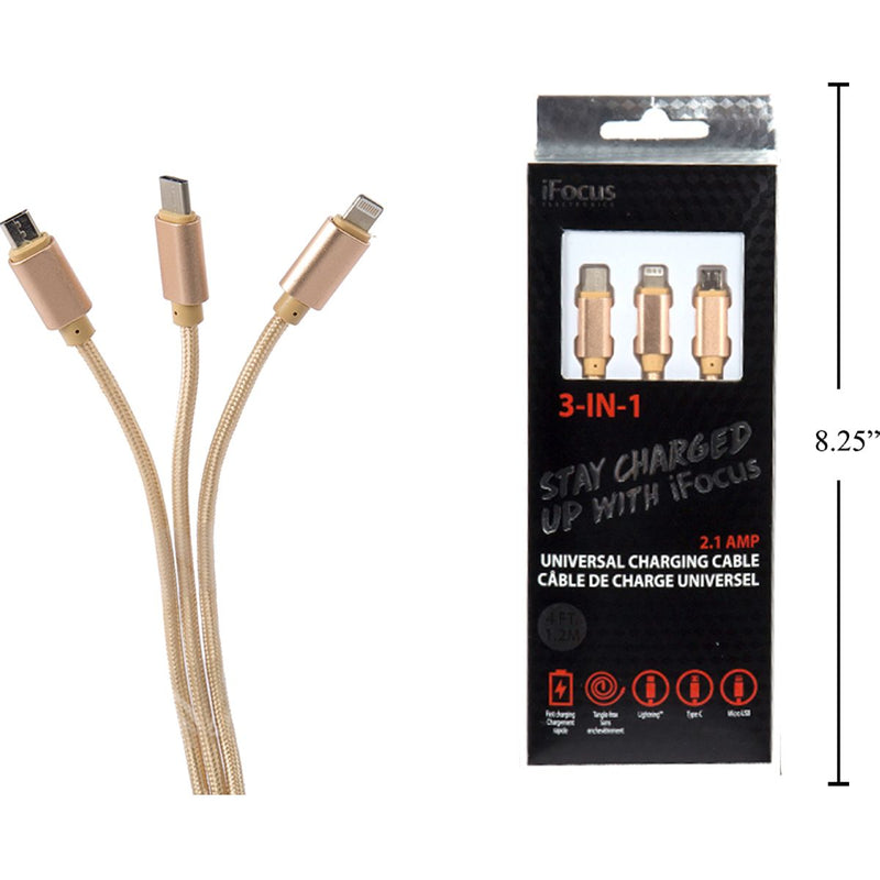 iFocus, cable de carga y sincronización 3 en 1 de 1,2 M, dorado, bandeja cbx +