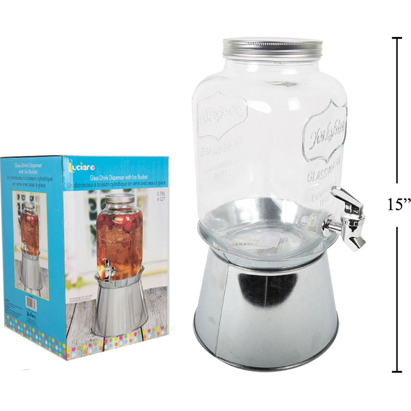 Dispensador bebidas de vidrio de 3.78L con tapa hojalata y soporte cubeta hielo galvanizado