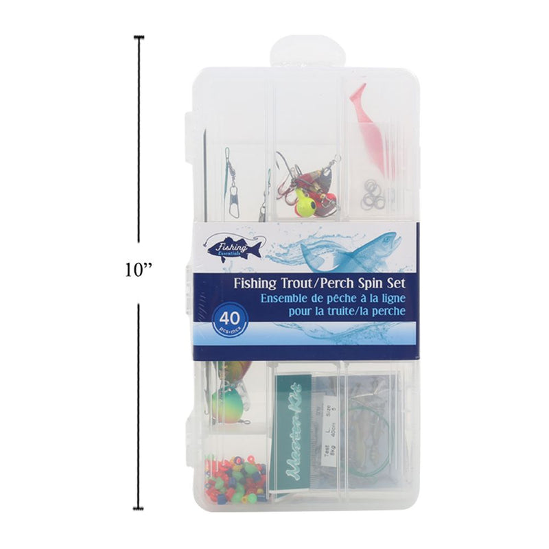 Juego de pesca de trucha / perca de 40 piezas, caja de plástico con etiqueta de color