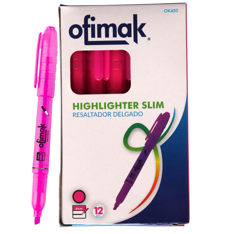 Caja de resaltadores de punta fina, color rosado, marca Ofimak