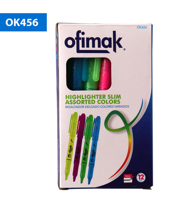 Caja de resaltadores de punta fina, colores surtidos, marca Ofimak