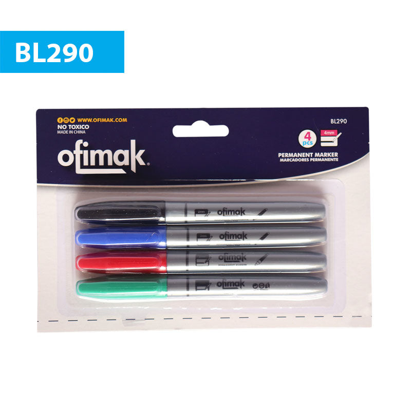 Paquete de 4 marcadores permanentes de punta fina, colores surtidos, marca Ofimak