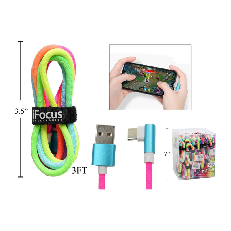 iFocus 3ft Type C Rainbow USB cbl Correa de velcro, paquete
