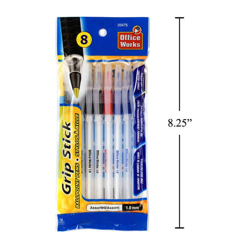 8 piezas Bolígrafos Grip Stick de 1 mm, 3 colores: azul, rojo y negro