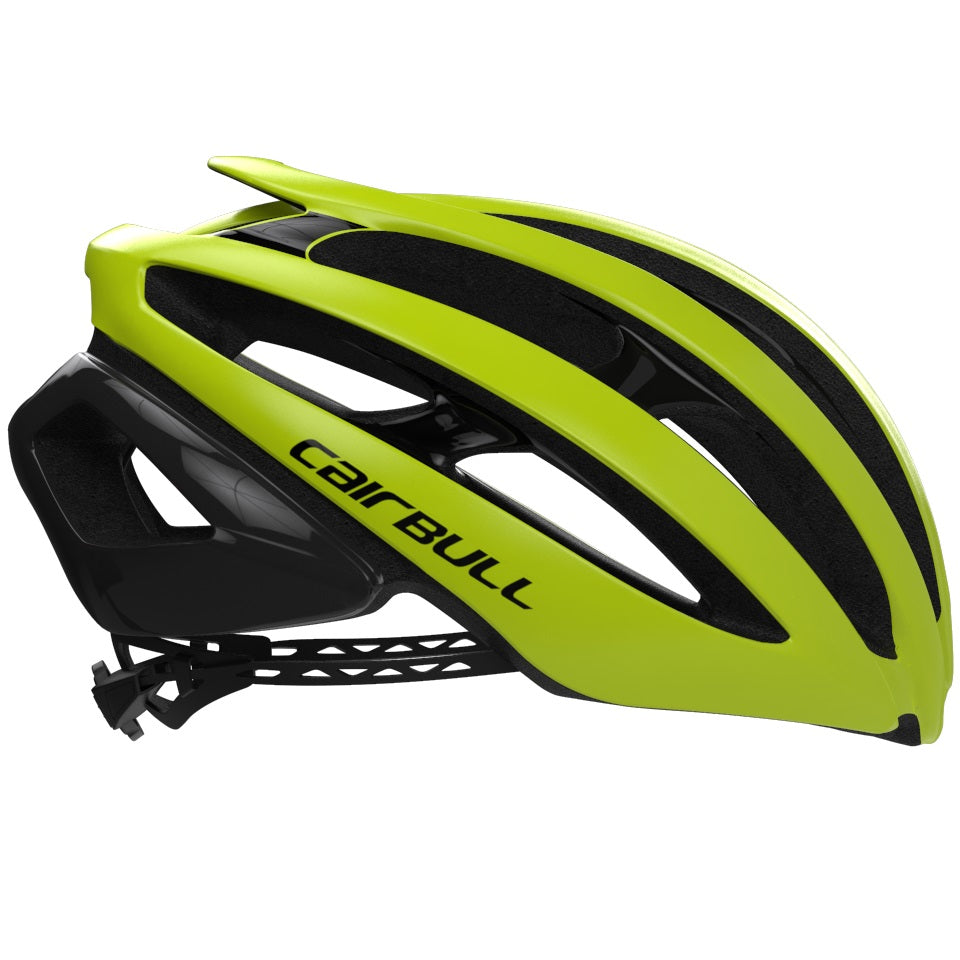 Casco aerodinámico para ciclismo de ruta. Color amarillo, talla L