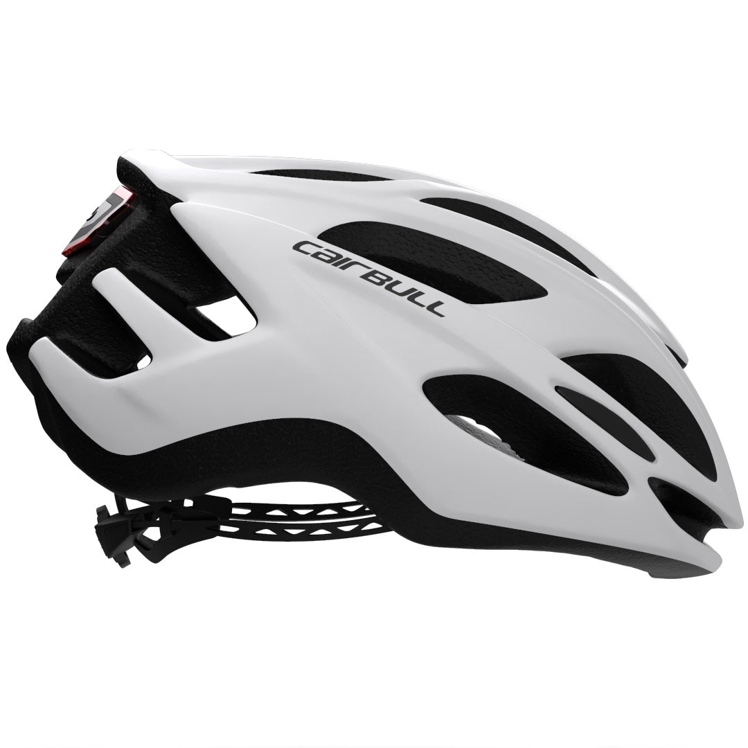 Casco con luz trasera (recargable) para ciclismo de ruta o montaña. Color blanco mate, talla M/L