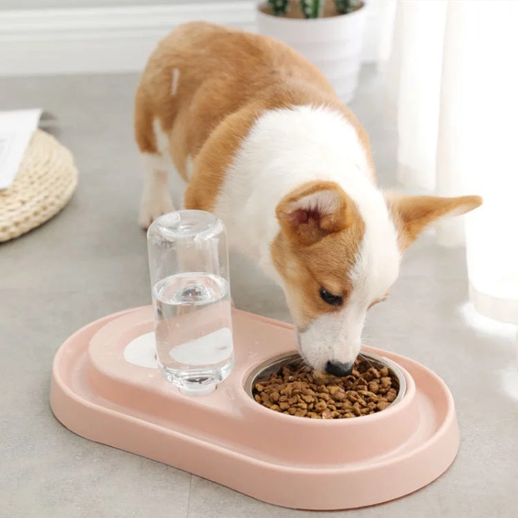 Tazán doble de agua y alimento para mascotas con base y soporte de plástico. Color Rosado