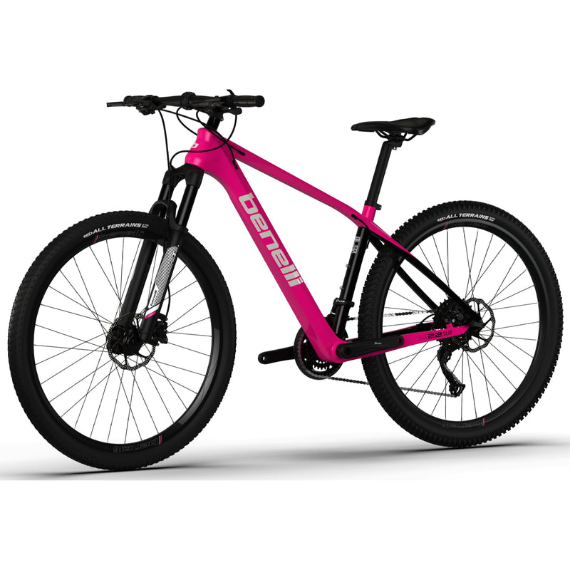 Bicicleta montañera de fibra de carbono, rin 29 MTB Benelli. Color Rosado / Blanco, talla S
