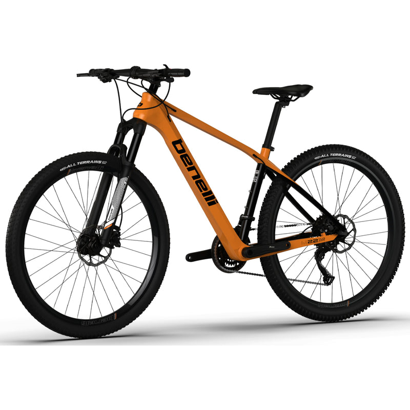 Bicicleta montañera de fibra de carbono, rin 29 MTB Benelli. Color Naranja / Negro, talla L