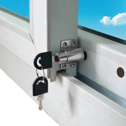 Cerradura de ventana deslizante de push lock. 2 llaves. Acabado cromado.