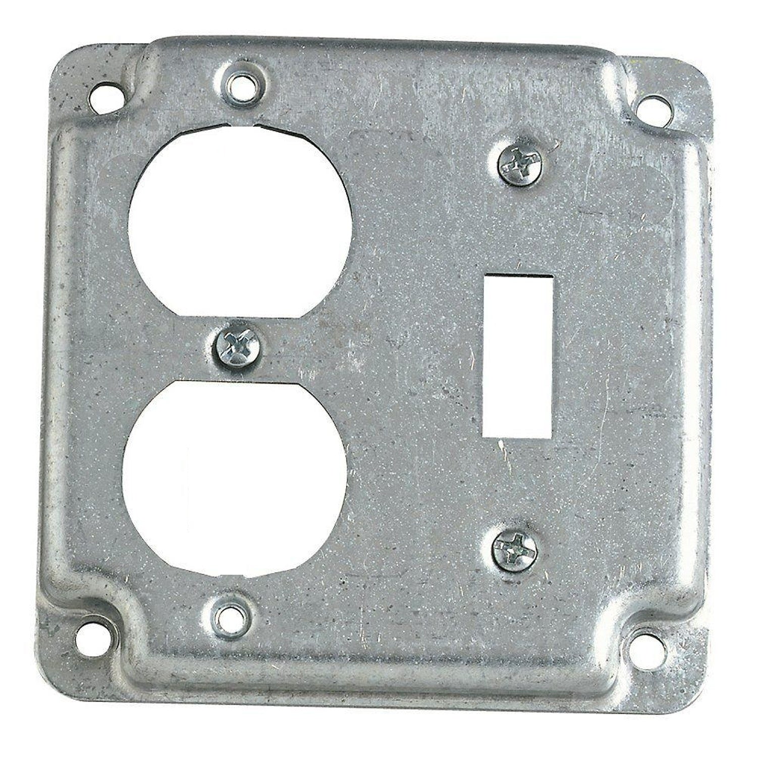 Tapa Metalica para Cajilla de 4x4 con Hueco para  Tomacorriente Doble e Interuptor Sencillo.