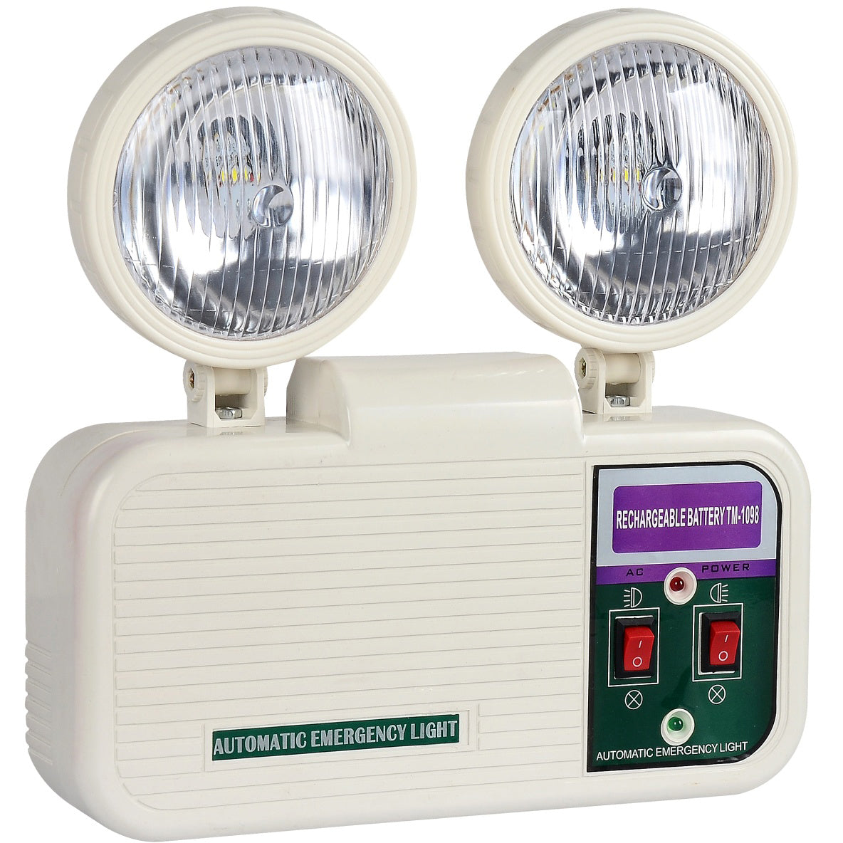 Lampara de Emergencia de 2 Bombillos Giratorios. 120Vol-60Hz. Indicar LED. Material Plastico.