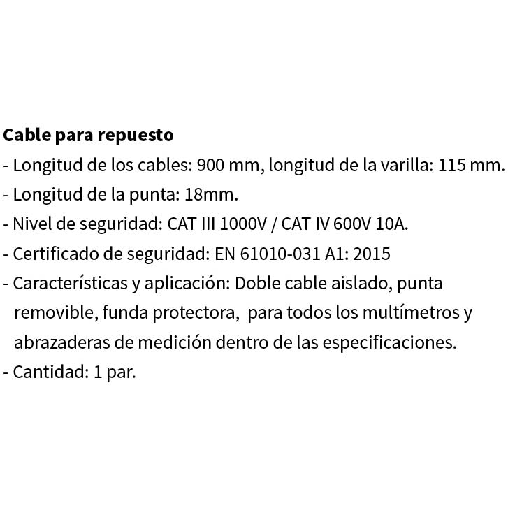 Cable probador para multimetro Longitud: 900 mm.1000V/CAT ? 600V 10A