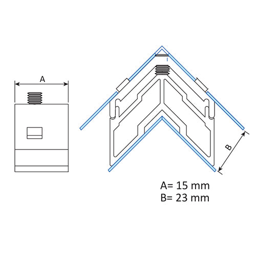 Escuadra de teton fijo de 23x15mm para hoja y marco de serie perimetral de 70 mm y corte recto.
