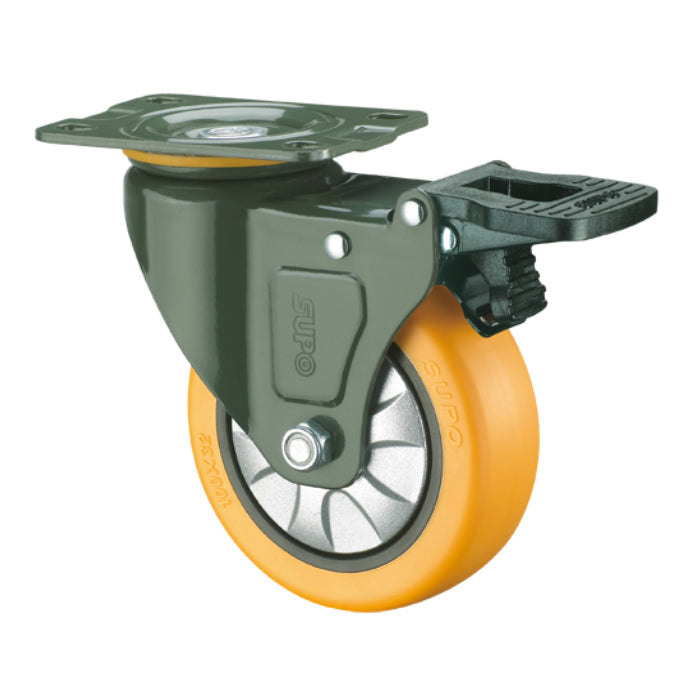 Rueda giratoria freno Serie trabajo mediano 75mm 3" Capacidad rueda 100kg Poliuretano  PU naranja