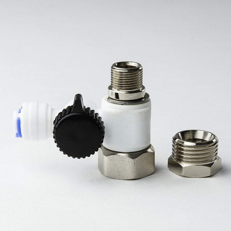 Adaptador tee con valvula filtros de agua  1/2" NPT y 3/8" Comp. y salida 1/4" tubing filtro